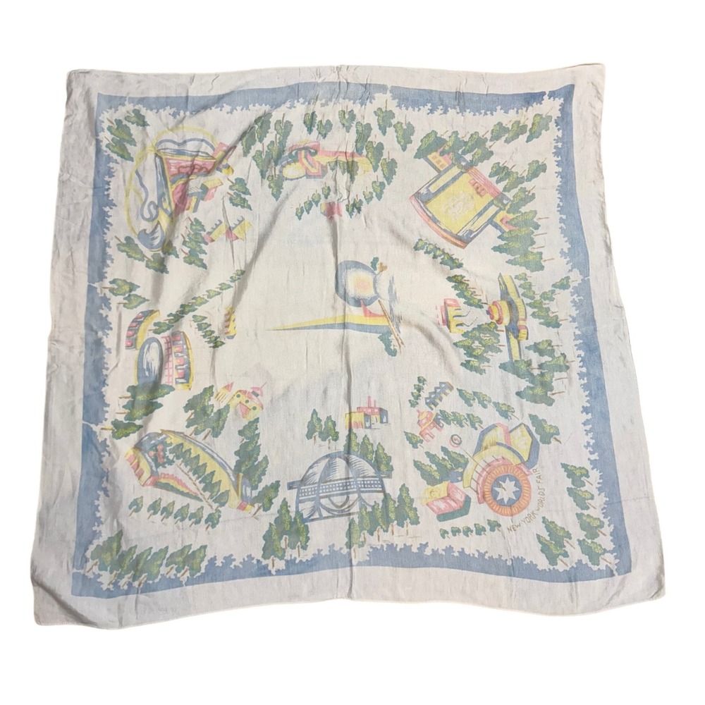 Vintage 1950 - 1960 New York Worlds Fair Map Souvenir Blanket Pastel Linen Scarf